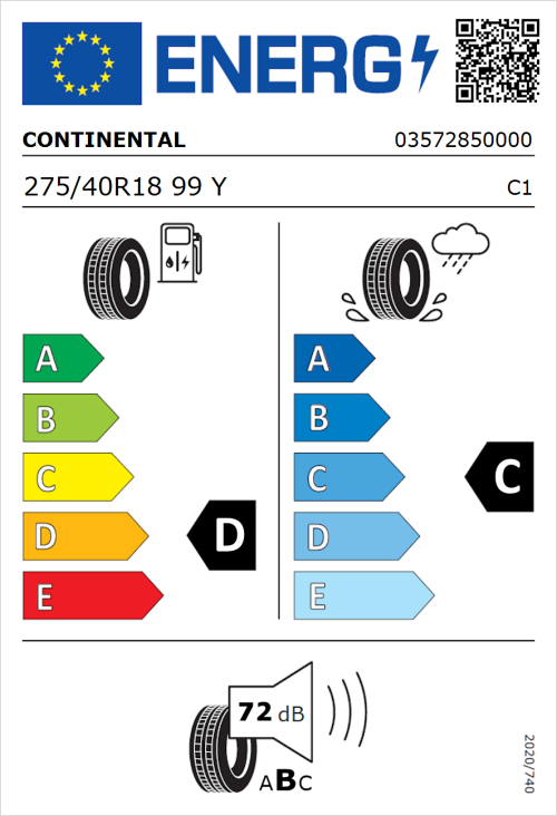 Tyre Label for Continental ContiSportContact 3 SSR 275/40R18 99Y