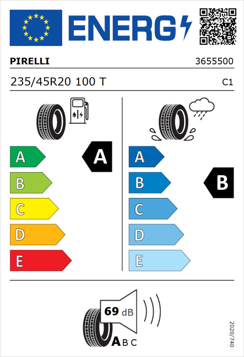 Tyre Label for Pirelli P Zero (PZ4) Sport Car 235/45R20 100T