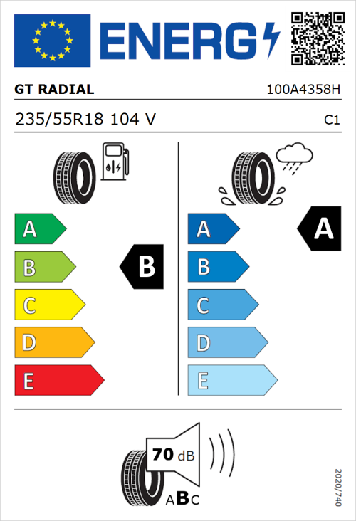 Tyre Label for GT Radial FE2 SUV 235/55R18 104V
