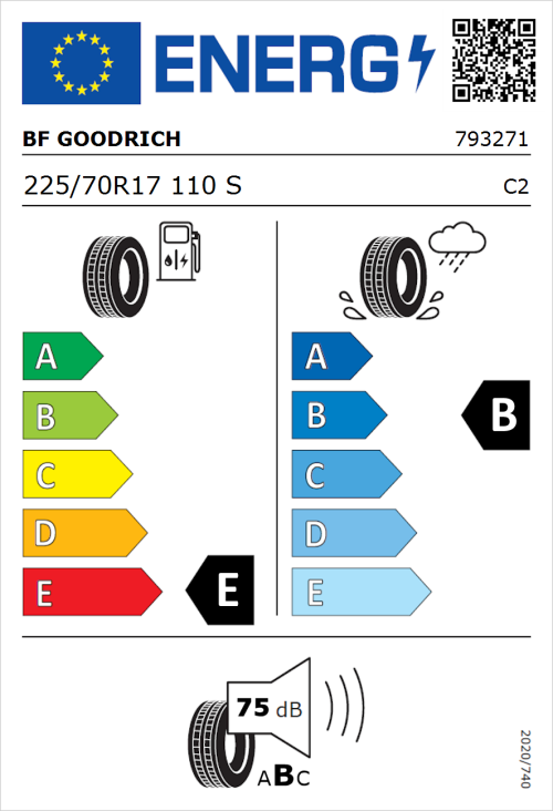 Tyre Label for BF Goodrich All Terrain T/A KO2 RWL 225/70R17 110S