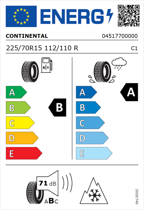 Tyre Label for Continental VanContact Ultra 225/70R15 112/110R