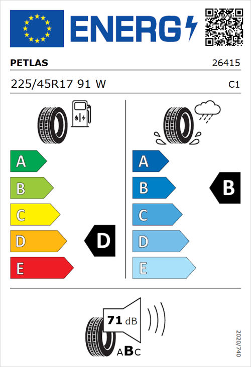 Tyre Label for Petlas Velox Sport PT741 225/45R17 91W