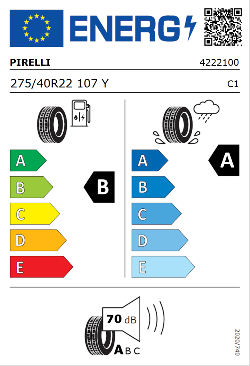 Tyre Label for Pirelli P Zero (PZ4) Sport Car 275/40R22 107Y