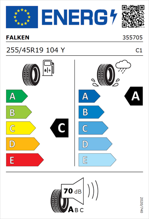 Tyre Label for Falken Azenis RS820 255/45R19 104Y