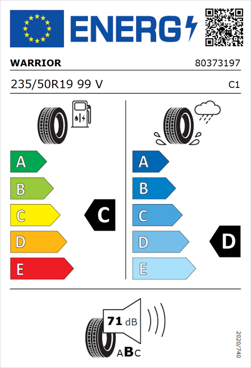 Tyre Label for Warrior SR1 HP 235/50R19 99V