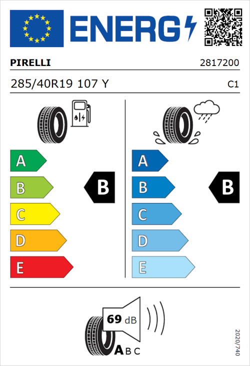 Tyre Label for Pirelli P Zero (PZ4) Sport Car 285/40R19 107Y
